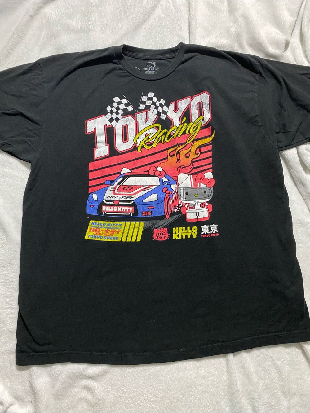 Hello Kitty Black Racing Graphic Tee with Red, Yellow & Blue Accents